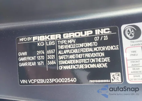 2023 Fisker Ocean One from USA, damaged, VIN VCF1ZBU23PG002540